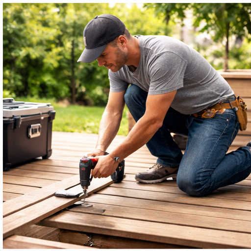 Handyman repairing deck boards outdoors in Newington, NH 03801