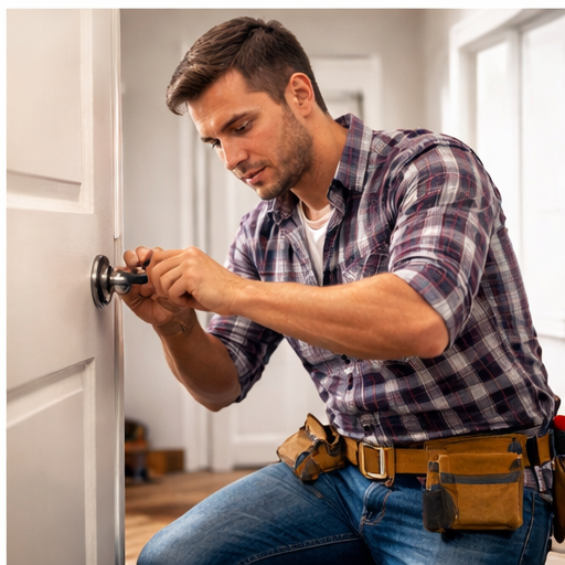 Handyman repairing door hardware in Rye, NH 03870