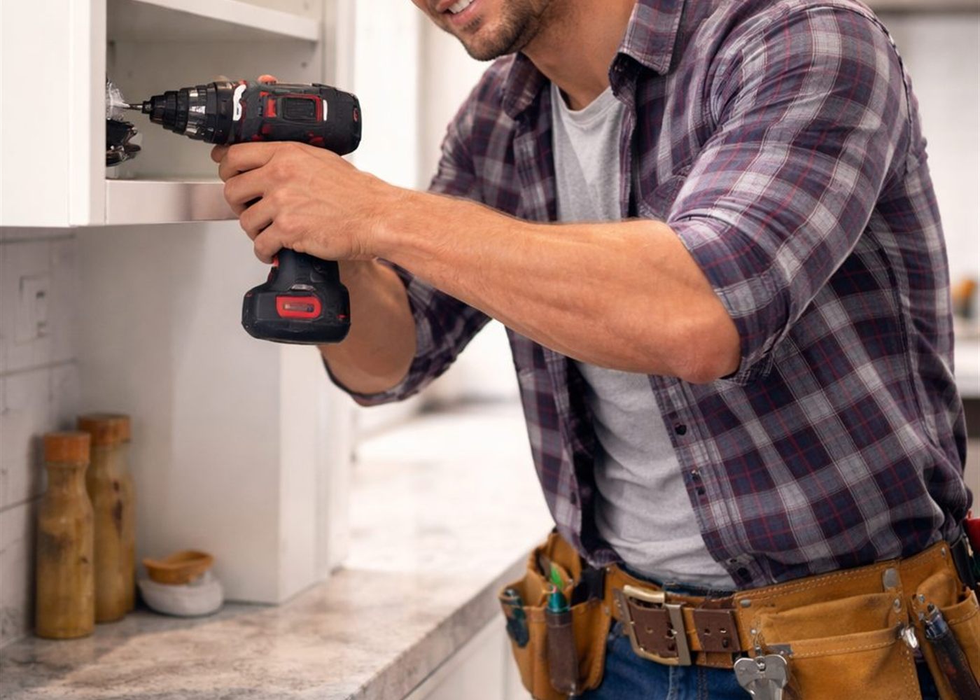 Seabrook NH handyman installing kitchen shelving with a cordless drill